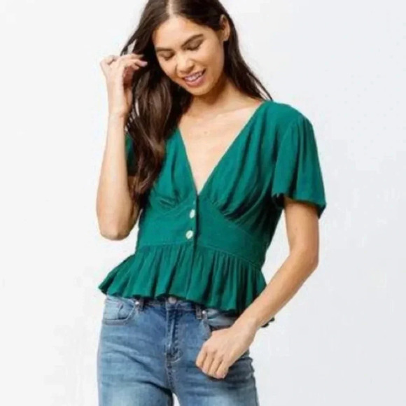 NWOT Tilly’s Patron’s Of Peace Emerald Green Cropped V-Neck Babydoll Top Small - Picture 1 of 8